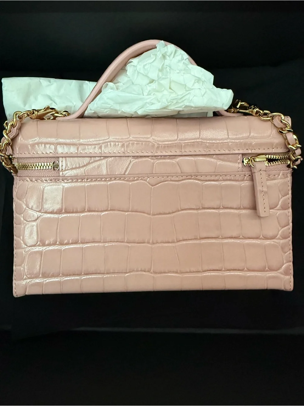 CHANEL Pink Croc-Embossed Slim Vanity Bag with Gold Chain